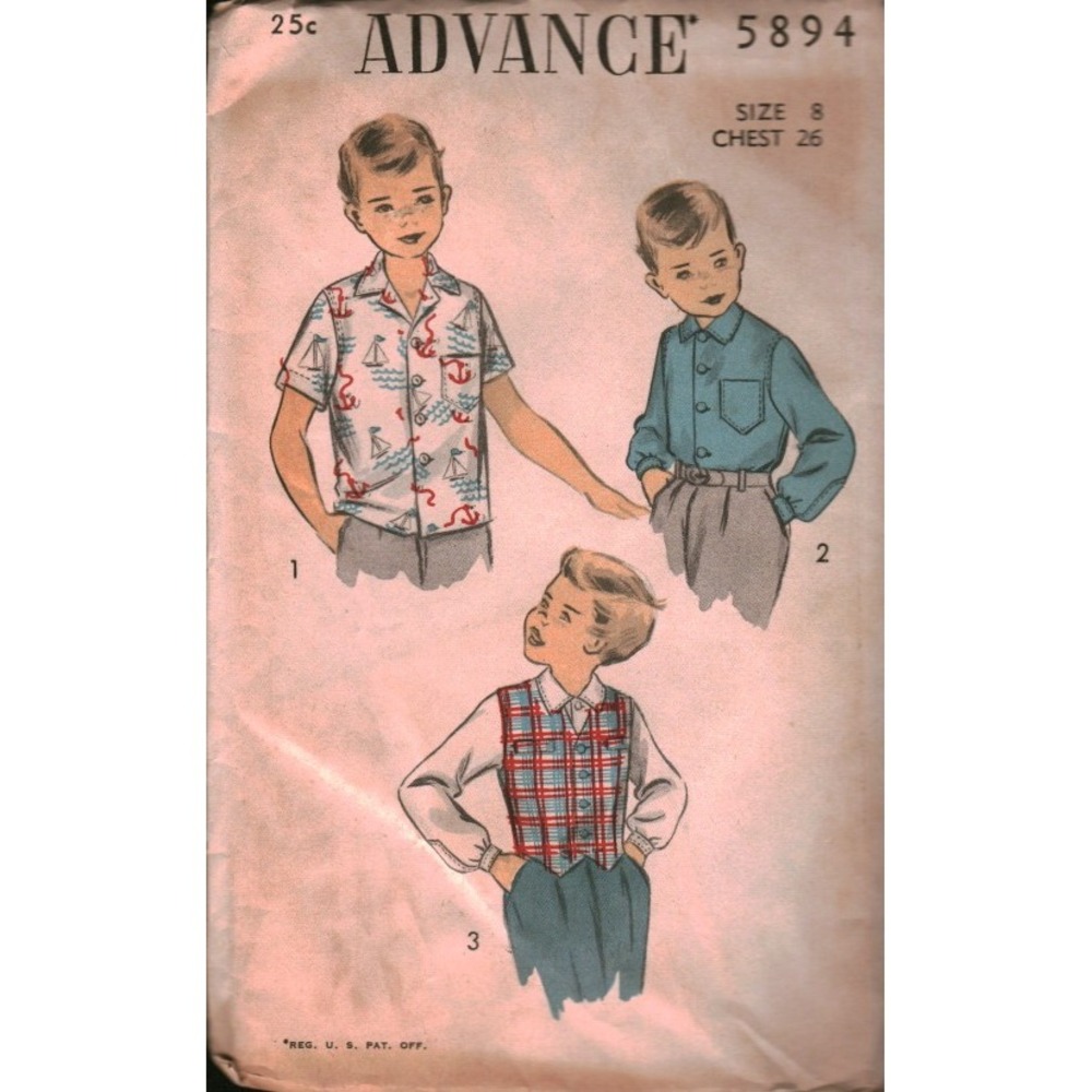 Vintage Advance 5894 Boys Shirt and Vest Sewing Pattern Size 8 Chest 26 Retro